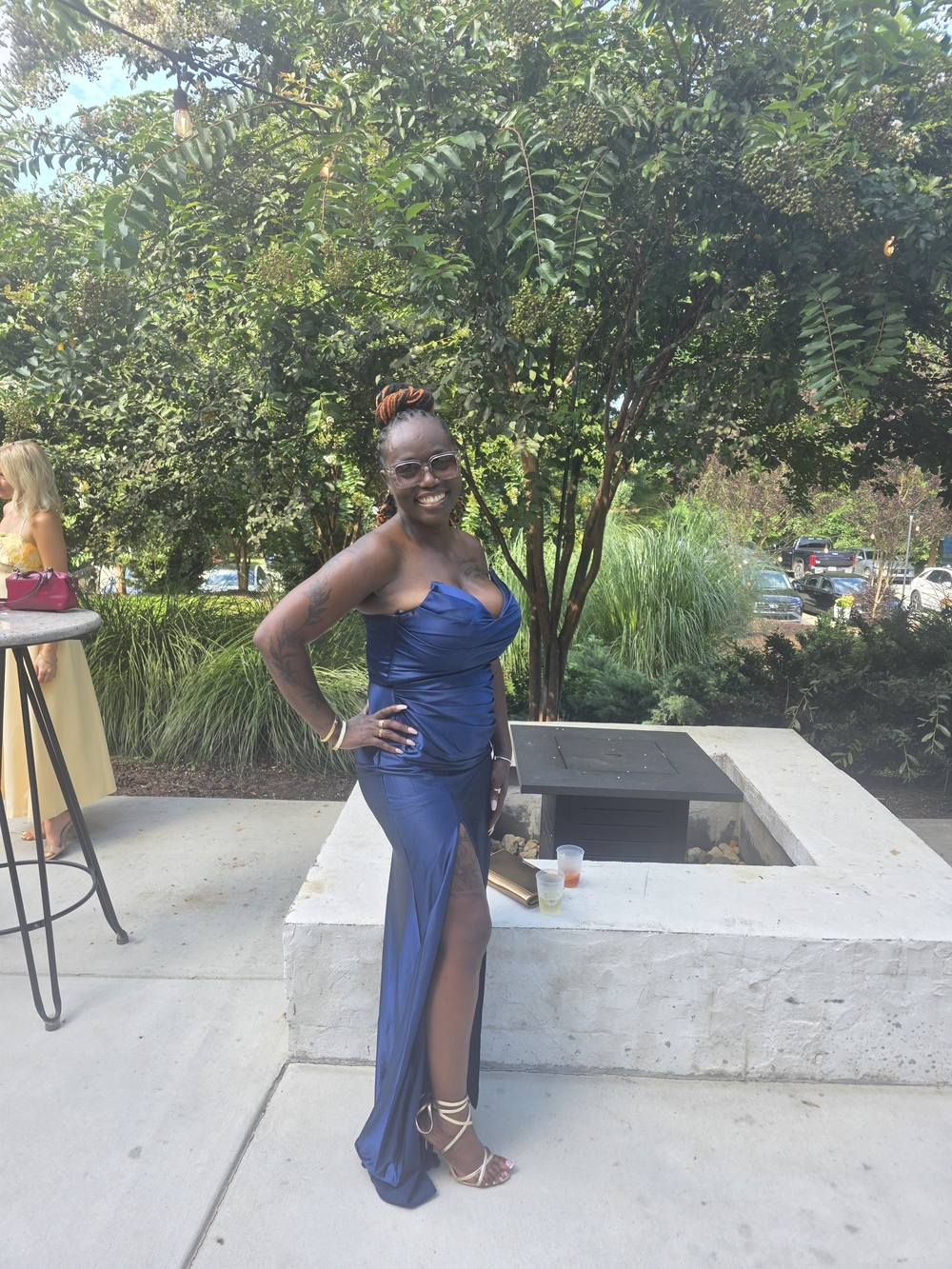 Lady Black Tie Micah Navy Satin Ruched Maxi Dress Size L